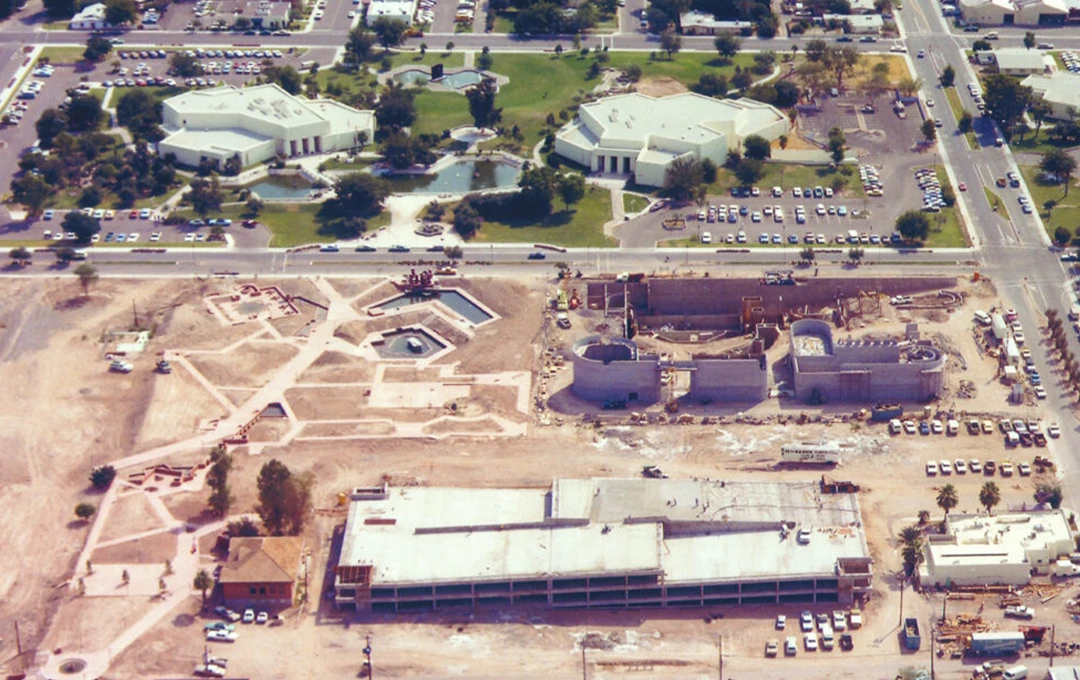 Aerial view of the construction site of the Civic Center and the Center for the Arts