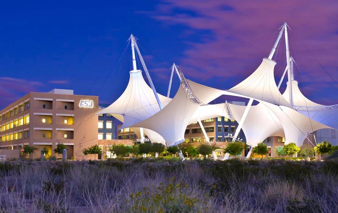 Skysone at night with the canopies lit up.