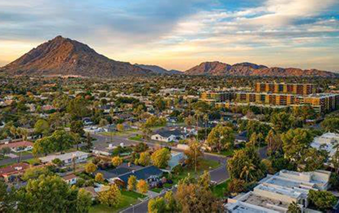 Aerial view of old town scottsdale with Camelback mountain in the background