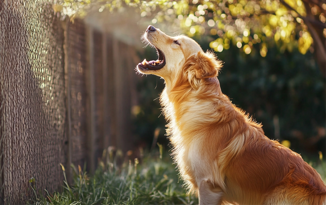 barking-dog golden retriever dog barking at a fence