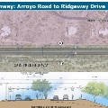 Map showing the section of Carefree Highway from Arroyo Road to Ridgeway Drive, including a cross-section view of the road layout with lanes, bike lanes, sidewalks, and benches.