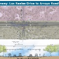 Map showing the section of Carefree Highway from Los Reales Drive to Arroyo Road, including a cross-section view of the road layout with lanes, bike lanes, sidewalks, and benches.