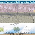 Map showing the section of Carefree Highway from Mountainside Drive to Los Reales Drive, including a cross-section view of the road layout with lanes, bike lanes, sidewalks, and benches.