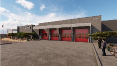 Main entrance of Scottsdale Fire Station 612 with desert landscaping and parking area.