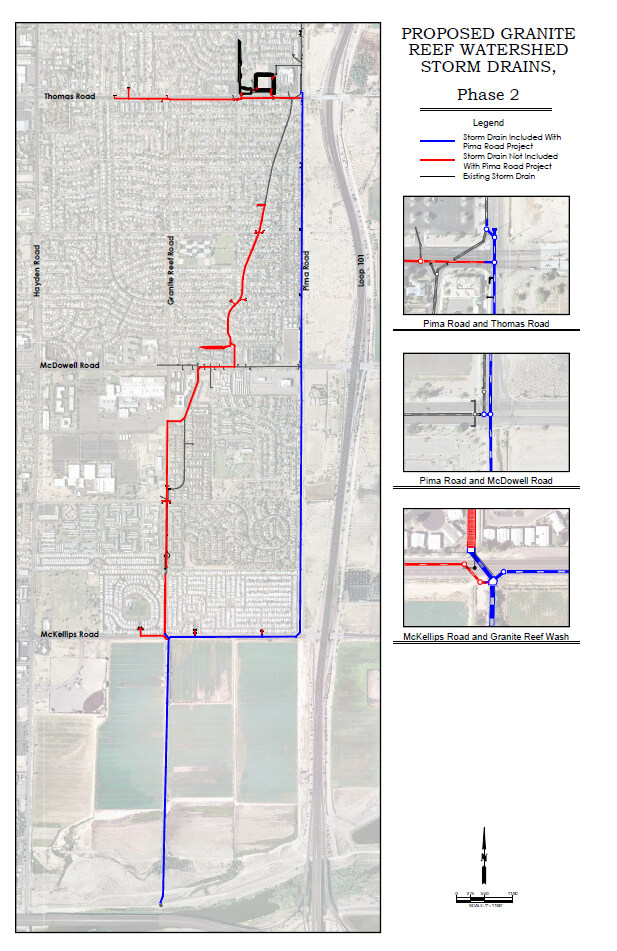 Proposed Granite Reef Watershed Storm Drains, Phase 2 map showing storm drain installation routes.