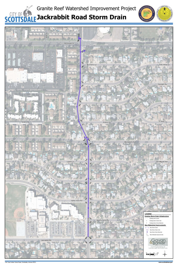 Map depicting the storm drain path along Jackrabbit Road in Scottsdale.