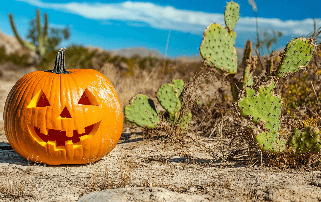 News image Jack-o-lantern next to a cactus in the desert