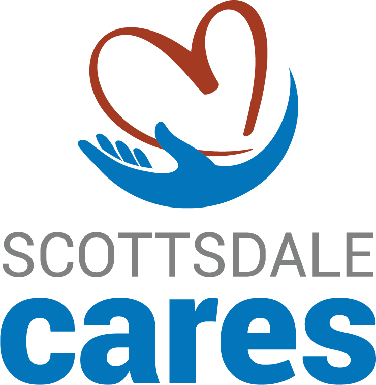 Scottsdale Cares logo - Image of a blue hand holding a red heart.