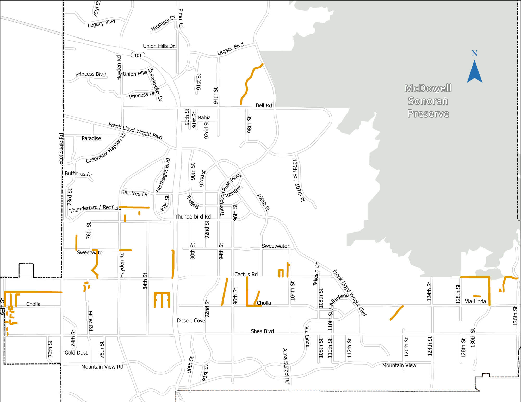 Figure TR-4: Central Area Map of central Scottsdale showing planned trail segments removed from the network, highlighted in orange near neighborhoods west of the McDowell Sonoran Preserve.
