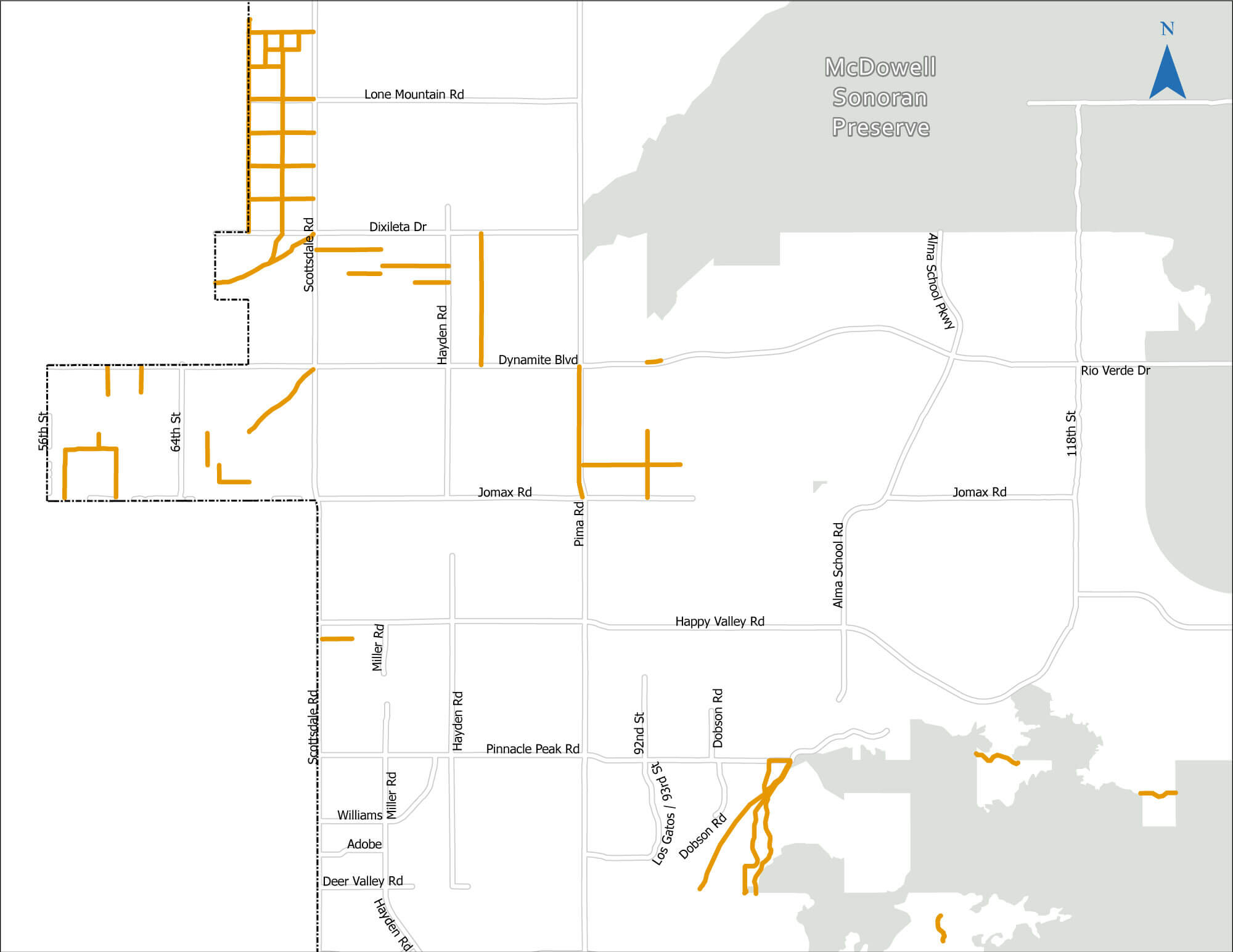 Figure TR-5: Northern Area A Map of northern Scottsdale showing planned trail segments removed from the network, highlighted in orange near Scottsdale Road, Hayden Road, Pima Road, and areas west of the McDowell Sonoran Preserve.