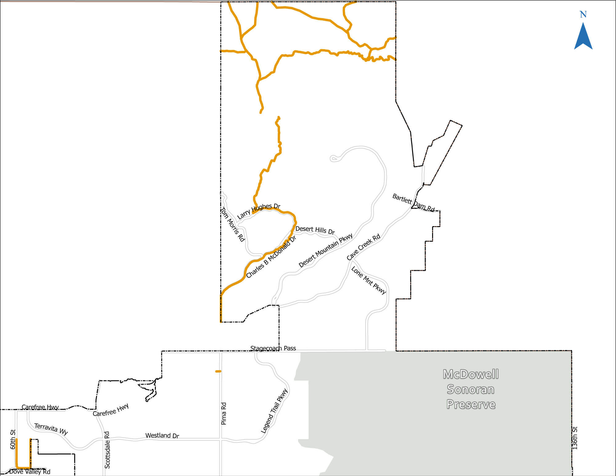 Figure TR-6: Northern Area B Map of northern Scottsdale showing planned trail segments removed from the network, highlighted in orange near Charles B McDonald Drive, Larry Hughes Drive, and the Dove Valley Road area west of the McDowell Sonoran Preserve.